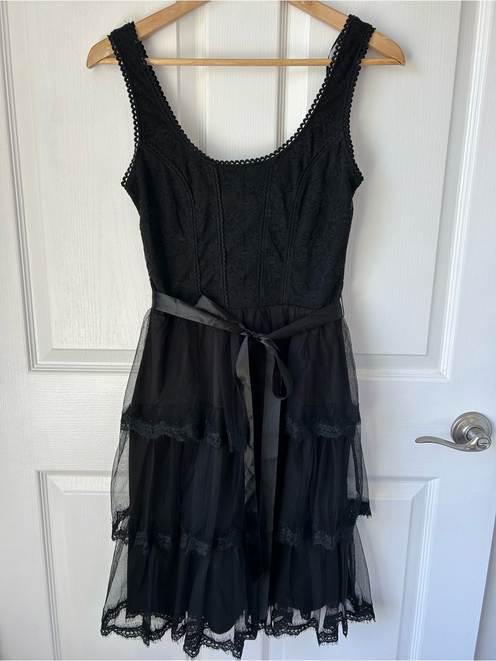 Mystic Black Lace Tiered Mini Dress with Satin Waist Tie